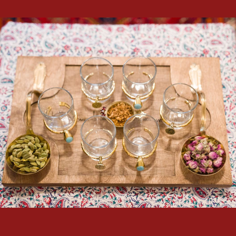 Tea Cups Tray with Hand Made Bronze Handles